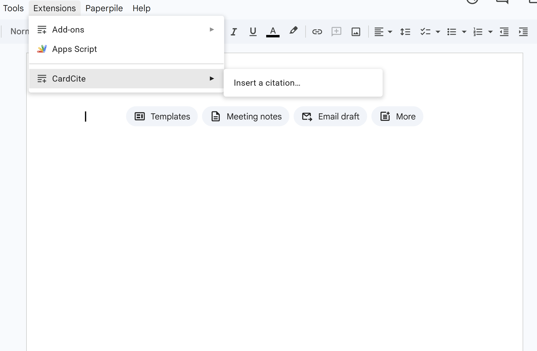 Google Docs Extensions menu open, showing CardCite with its submenu.