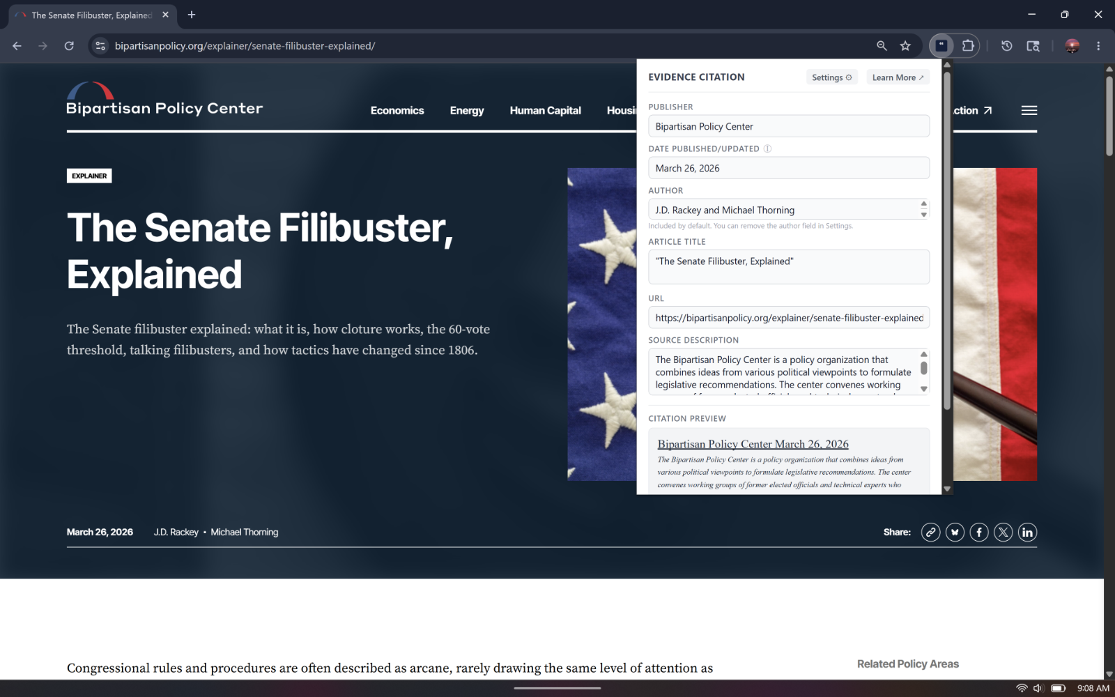 CardCite extension open on an article page with fields auto-populated.