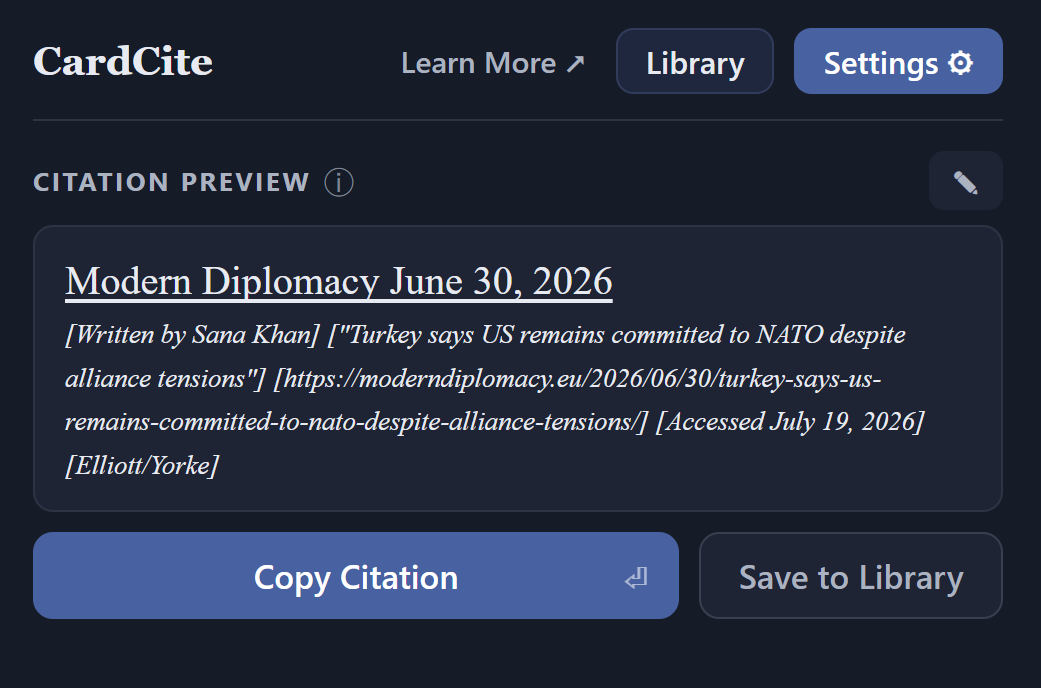 The CardCite popup in compact mode with dark mode on, opened straight to the finished citation preview