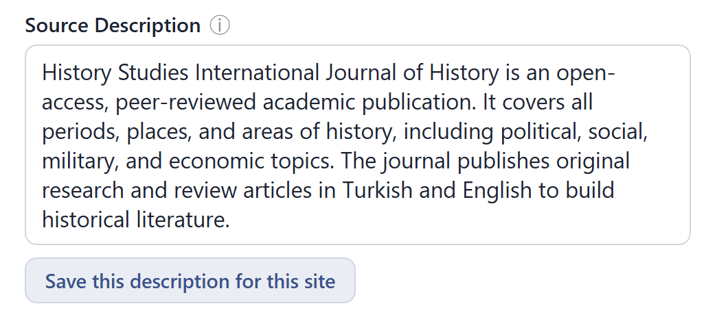 The CardCite Source Description field filled in for an academic journal, with a button to save the description for that site