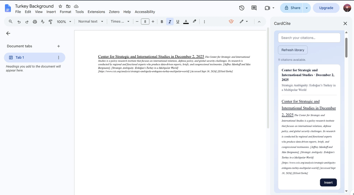 A Google Docs document with a citation inserted into it, and the CardCite sidebar beside it holding the saved citation with an Insert button