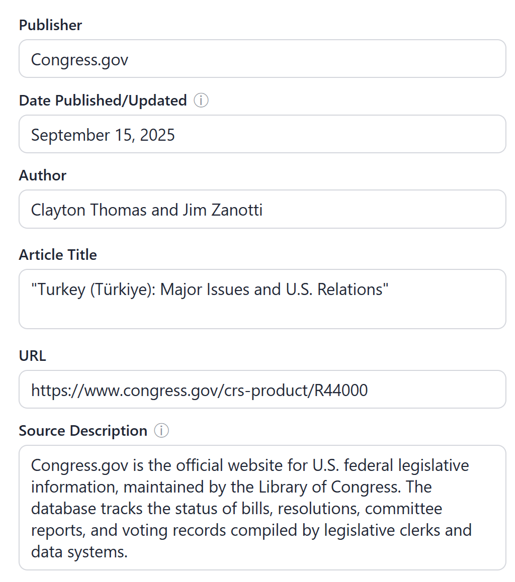 The CardCite popup on a Congressional Research Service report, with publisher, date, author, title, URL, and source description all filled in from the page