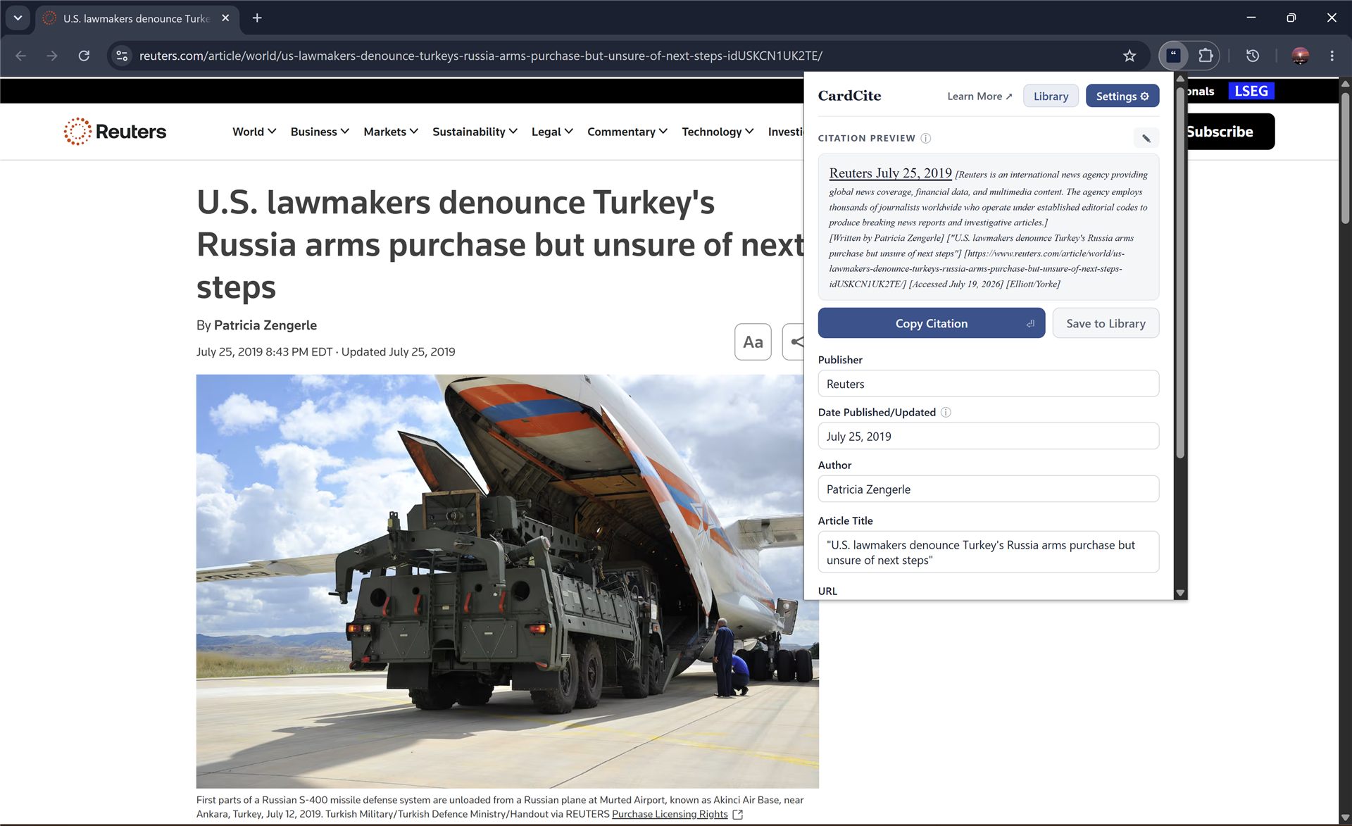 The CardCite popup open on a Reuters article, with publisher, date, author, title, and URL filled in and the finished citation previewed at the top