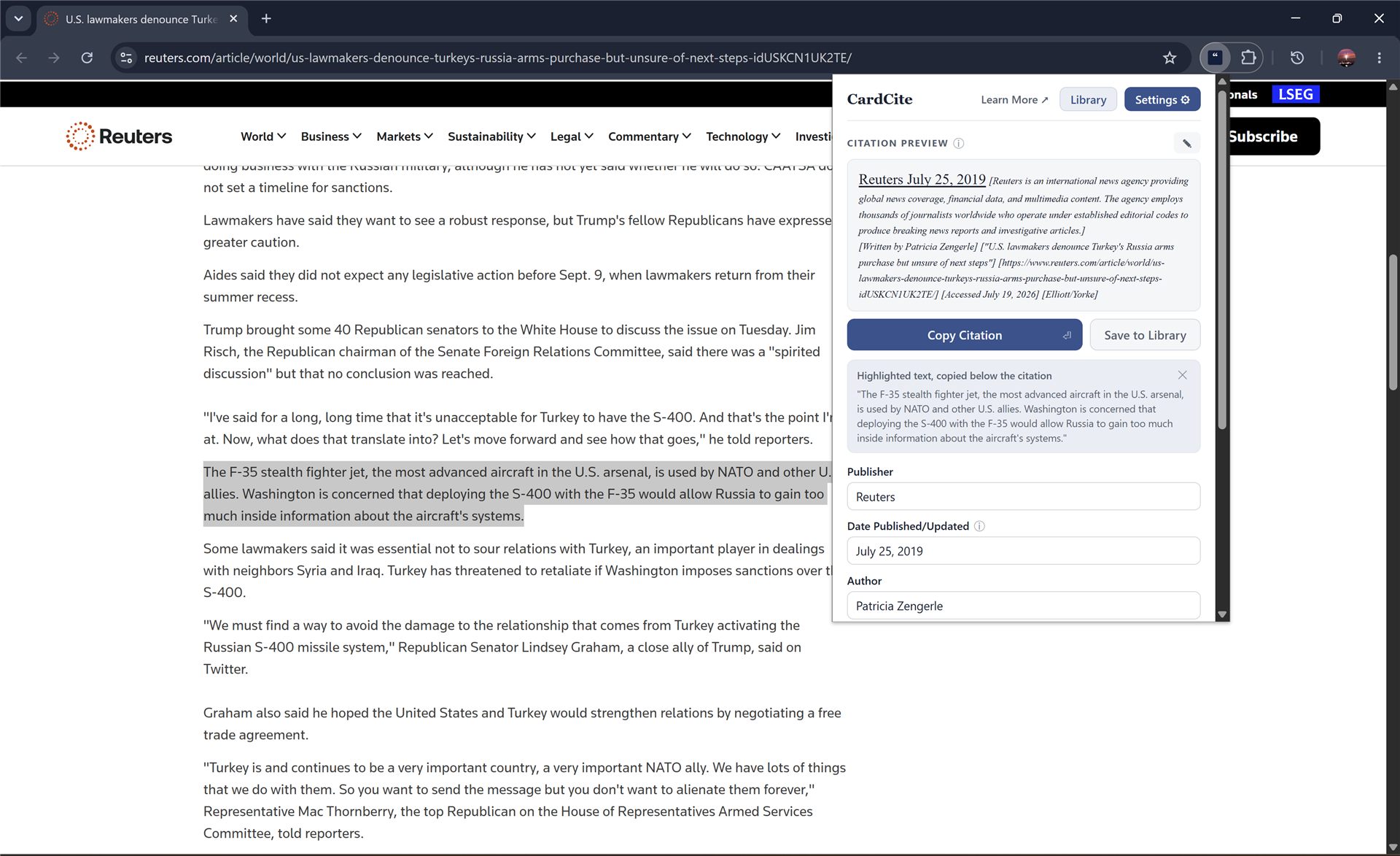 A passage highlighted on a Reuters article, carried into the CardCite popup as a preview under the citation