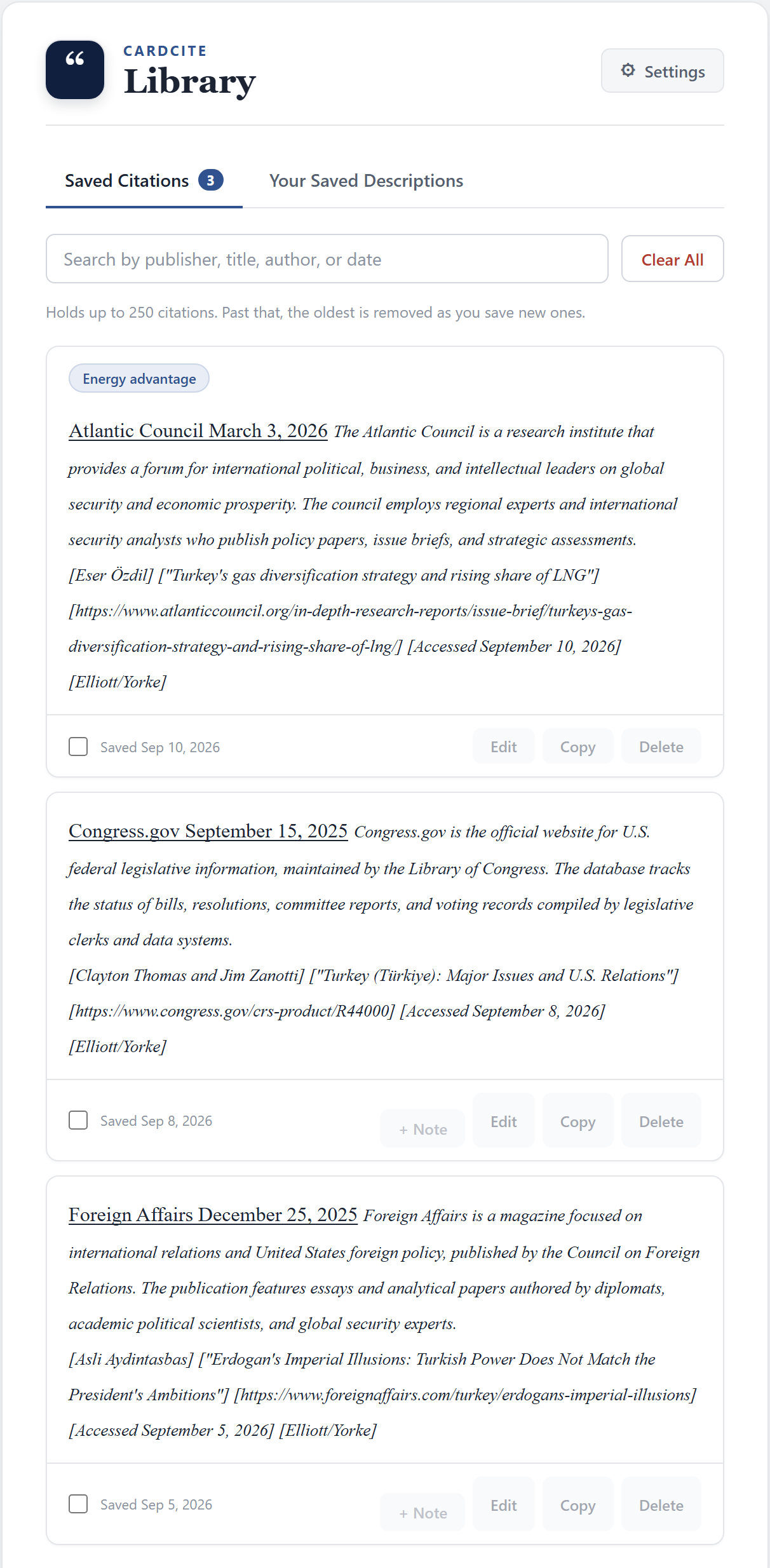 The CardCite Library with saved citations from the Atlantic Council and Congress.gov, each with its formatted citation, a note, and Edit, Copy and Delete buttons