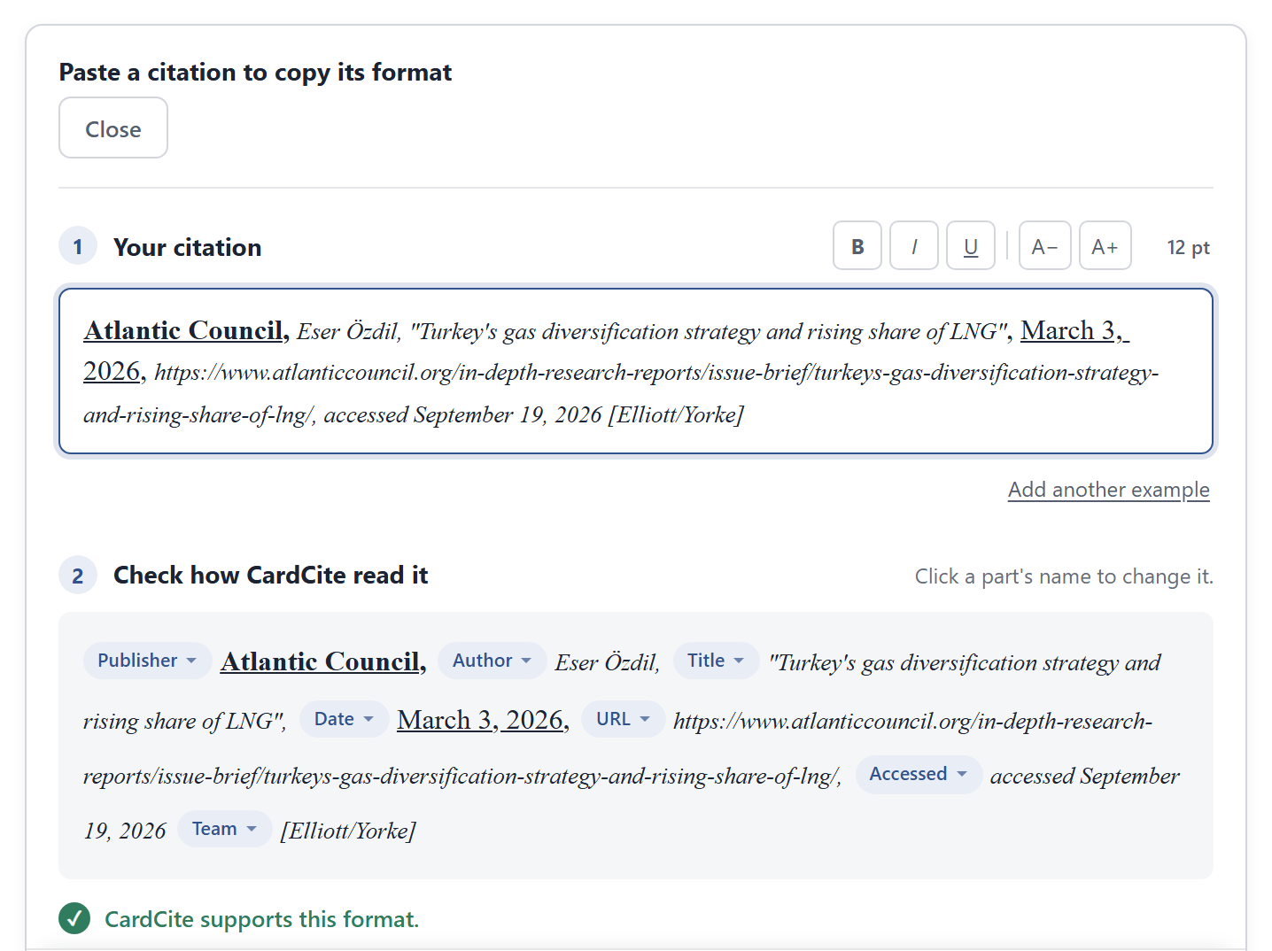 The CardCite settings panel with a pasted citation, each part of it labelled with the field CardCite read it as, and a line confirming CardCite supports the format