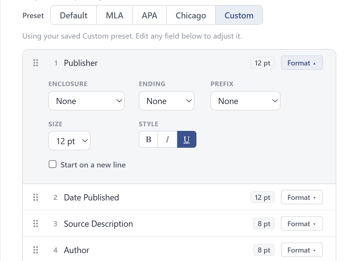 The CardCite settings page showing the preset bar and the Publisher field's open Format drawer with enclosure, ending, prefix, size, and style controls